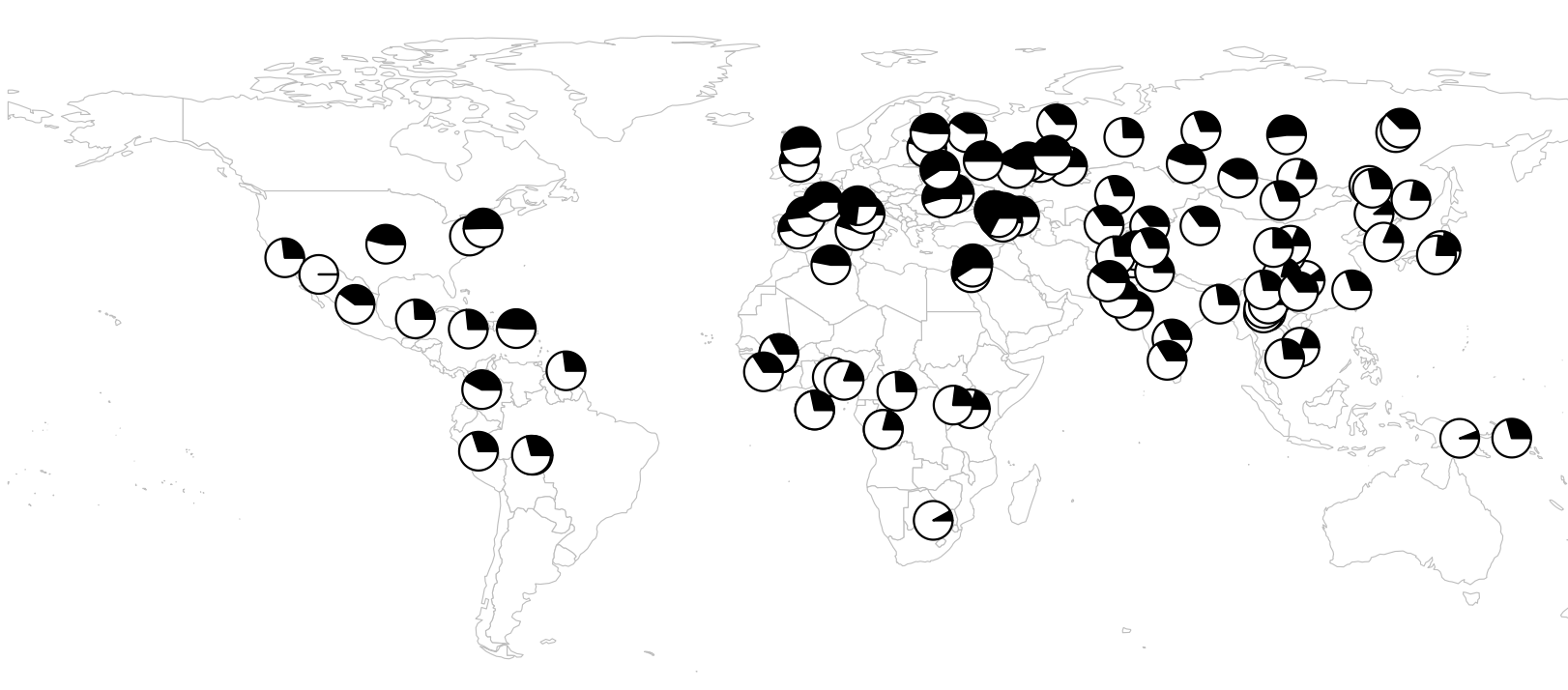 A map of the world with many black circles
Description automatically generated
